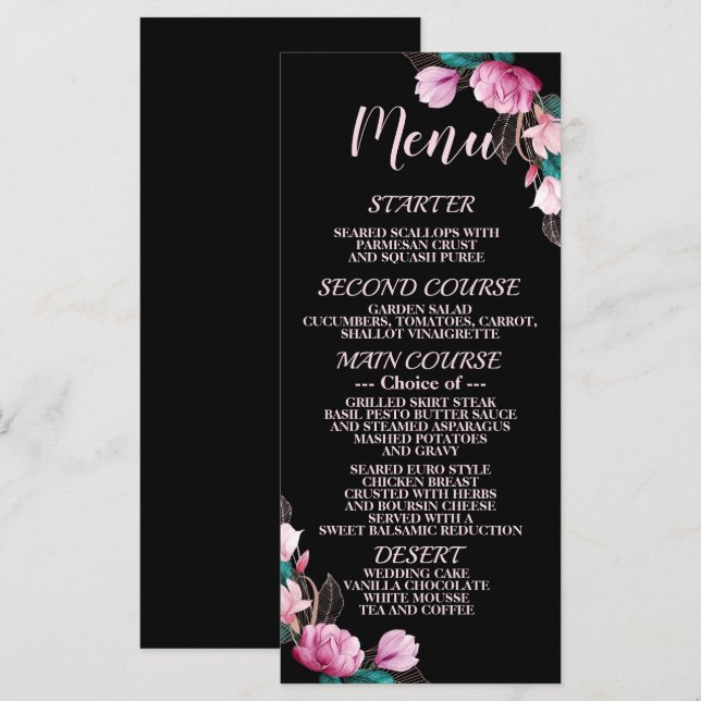 Menú Partido de la Boda Floral Rosa Negro Elegante Rúst (Anverso / Reverso)