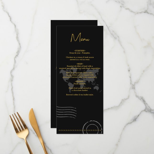 Menú Pasaporte Mundial de Boda de Destino Negro Oro (Anverso/Reverso In Situ)