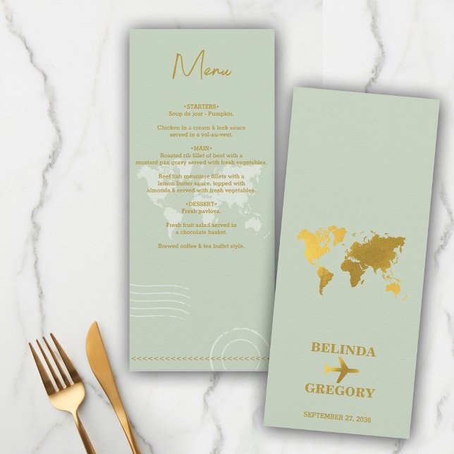 Menú Pasaporte Mundial de Boda de Destino Sage Green Go (Destination Wedding World Passport Sage Green Gold Menu)