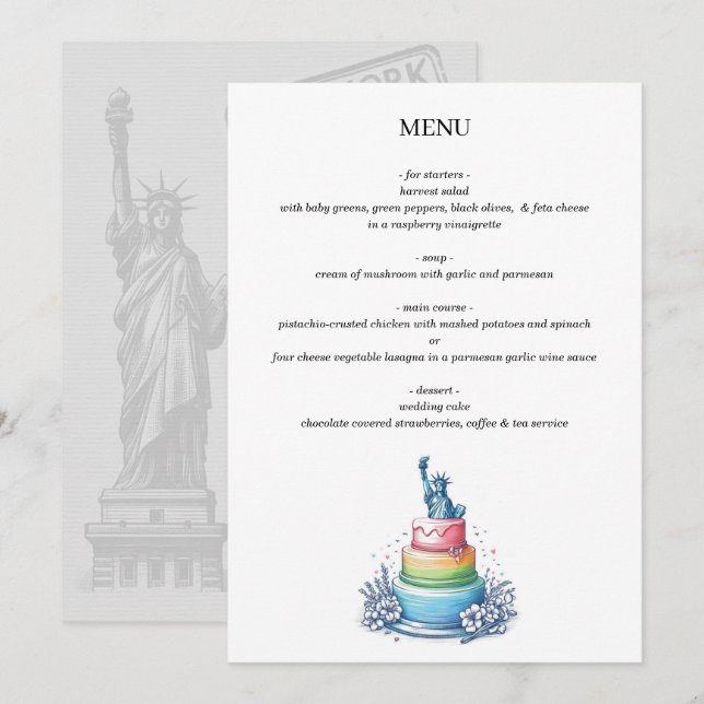 Menú Pastel de Boda de la ciudad de Nueva York (Anverso / Reverso)