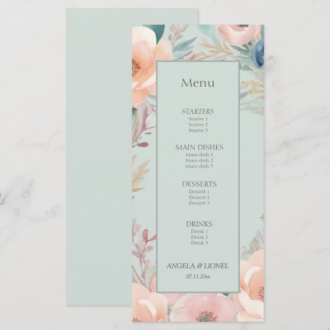 Menú Pastel Floral Elegance Boda (Anverso / Reverso)