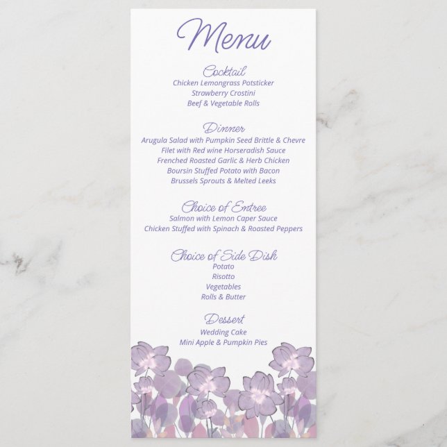 Menú Pastel mauve morado rubor Boda floral (Anverso)