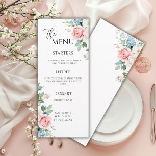 Menú Peonías Florales Azules Rosadas Boda Elegante