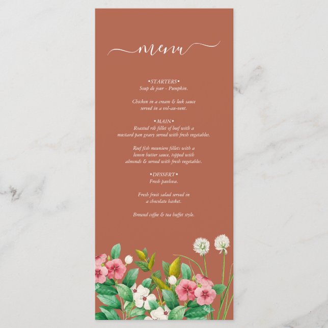 Menú Periwinkle Burnt Naranja Terracotta Boda (Anverso)