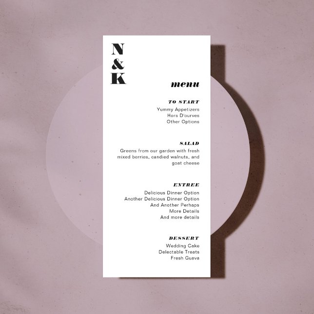Menú Personalizable de Boda negro y blanco negrita mono (Subido por el creador)