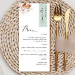 Menú Personalizado con el nombre del invitado, Flores v<br><div class="desc">¿Por qué gastar en tarjetas de lugar y tarjetas de menú cuando puedes tener un menú elegante Todo en uno personalizado con el nombre de cada invitado! Diseño contemporáneo, simple y elegante con hermosa letra manuscrita moderna. Franja en la esquina superior derecha en tono verde salvia con el nombre del...</div>