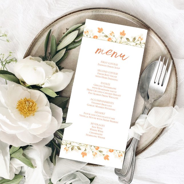 Menú Personalizado de Boda floral de color Peach (Wedding menu card with a peach floral design.)