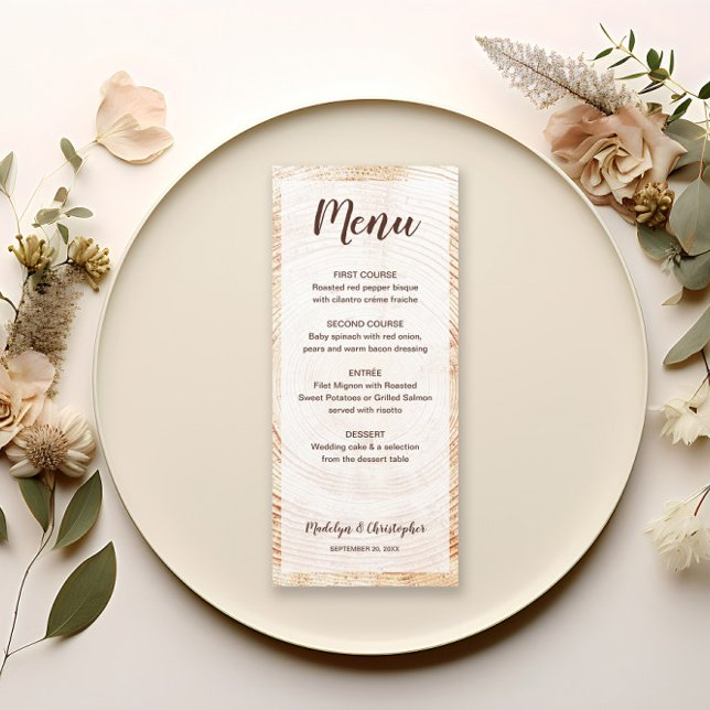 Menú Personalizado de grano de madera de Boda Rústico (Rustic wood texture background wedding menu with script. Customizable food courses.)