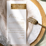 Menú Personalizado de moda con nombre de invitado blanc<br><div class="desc">¿Por qué gastar en las tarjetas de lugar y de menú cuando se puede tener un elegante menú todo en uno personalizado con el nombre de cada huésped? Diseño contemporáneo, sencillo y elegante con una bonita franja dorada con nombre de cliente en caligrafía moderna escrita a mano en blanco y...</div>