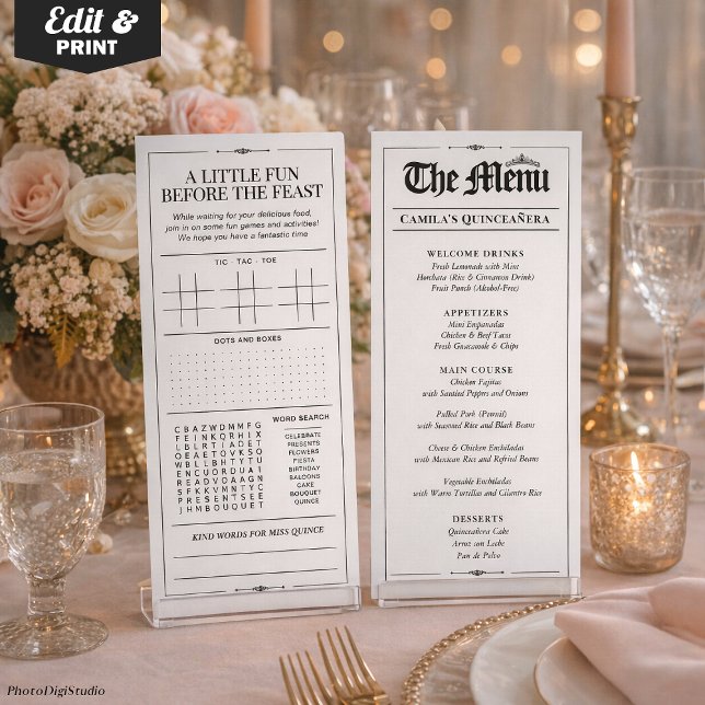 Menú Personalizado de Quinceañera, Black White Int (Custom Quinceañera Menu, Black White Interactive Menu)