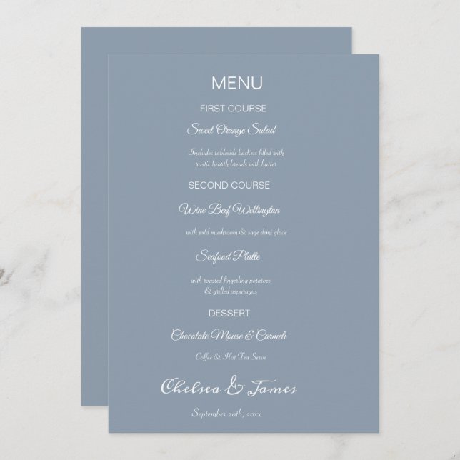 Menú Personalizado Elegant Dusty Blue Calligraphy Boda (Anverso / Reverso)