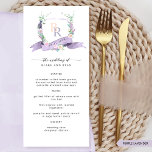 Menú Personalizado Elegant Lavender Monograma Boda<br><div class="desc">Elevar la celebración de su boda con nuestro impresionante menú boda, que incluye un hermoso monograma floral de acuarela de lavanda que exuda elegancia y encanto. Delicadamente enmarcado con flores encantadoras en tonos violeta polvoriento, lavanda, lila, malva, melocotón y amarillo suave, la carta muestra a la perfección sus iniciales en...</div>