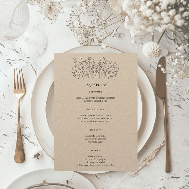 Menú Personalizado ruso elegante moderno de la línea de (Wildflowers Line Art Elegant Modern Rustic Kraft CUSTOM Wedding Engagement Party Menu
)