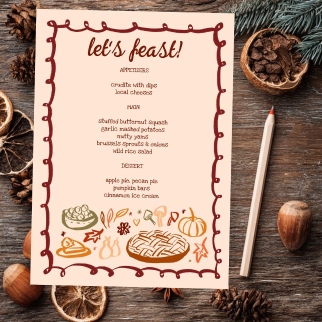 Menú Personalizado vegetariano de la fiesta de Acción d (Whimsical Thanksgiving Holiday Vegetarian Vegan Doodle Sketch CUSTOM Menu
)