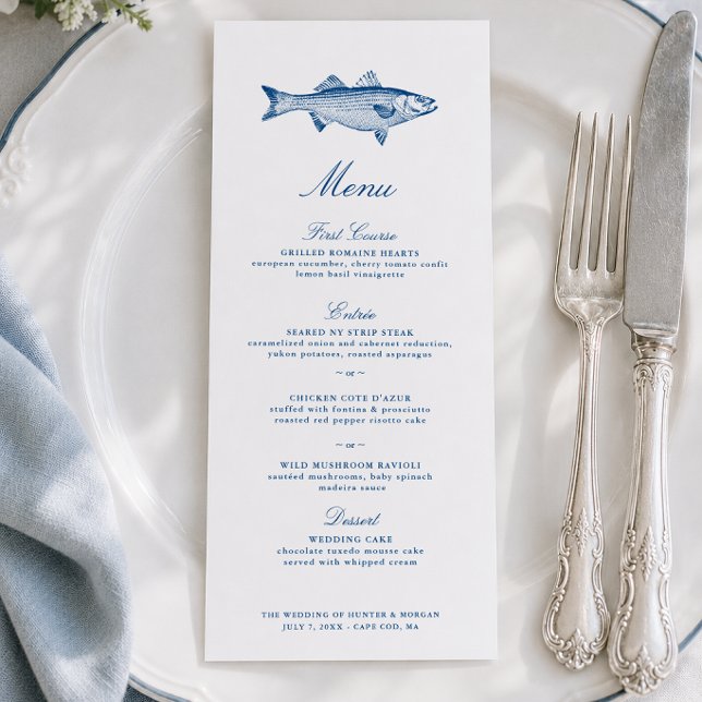 Menú Pesca de Lubina Listada Boda (Striped Bass Fishing Wedding Menu Coastal New England Reception Menu by Concertina Press)