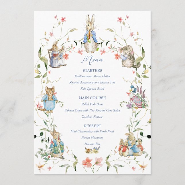 Menú Peter the Rabbit Wildflower Baby Shower (Anverso)