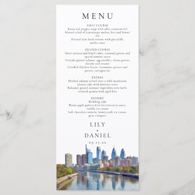 Menú Philadelphia Skyline Watercolor Elegant Wedding (Anverso)