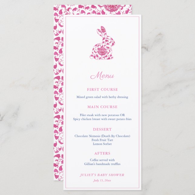Menú Pink Chinoiserie Bunny Bridal Shower Party (Anverso / Reverso)