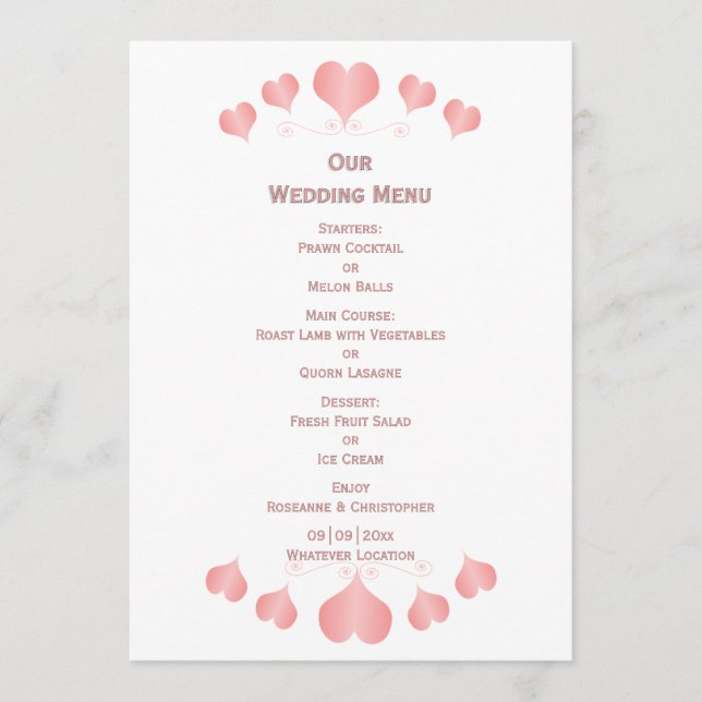 Menú Pink Hearts Design Wedding (Anverso)