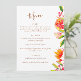 Menú Pink Orange Watercolor Floral Wedding Dining