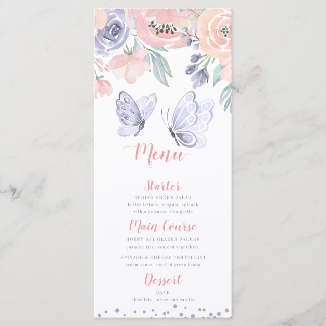 Menú Pink Purple Floral Butterfly Girl Baby Shower (Anverso)