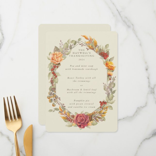 Menú Plana de marco floral de acción de gracias 3 curso (Anverso/Reverso In Situ)