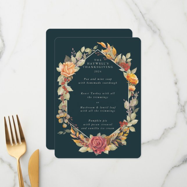 Menú Plana de marco floral de acción de gracias 3 curso (Anverso/Reverso In Situ)