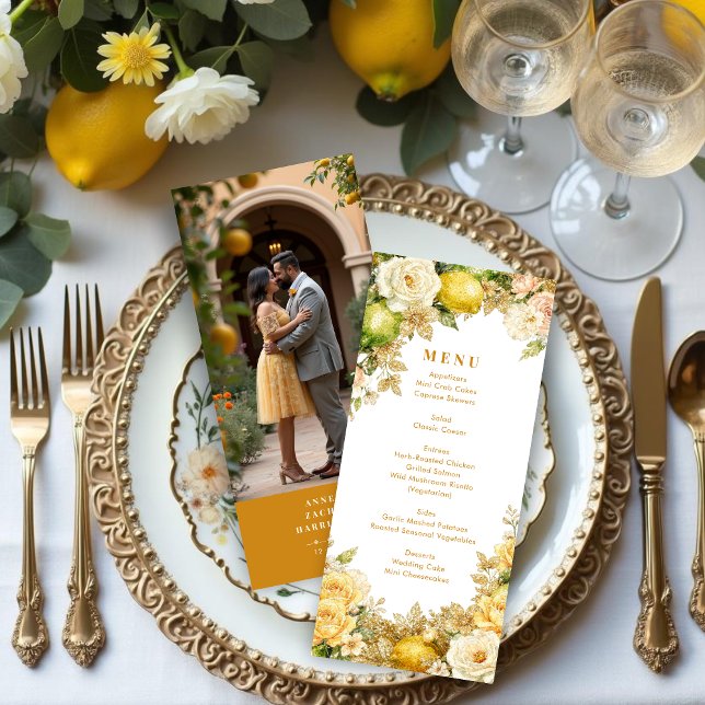 Menú plano (Luxury Delicate Mediterranean Lemons & Flowers Frame Wedding Menu Cards )