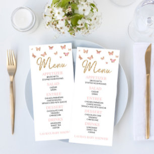Menú plano Baby Shower con temas de mariposa rosa