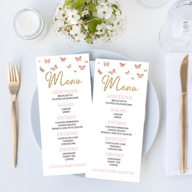 Menú plano Baby Shower con temas de mariposa rosa (Subido por el creador)