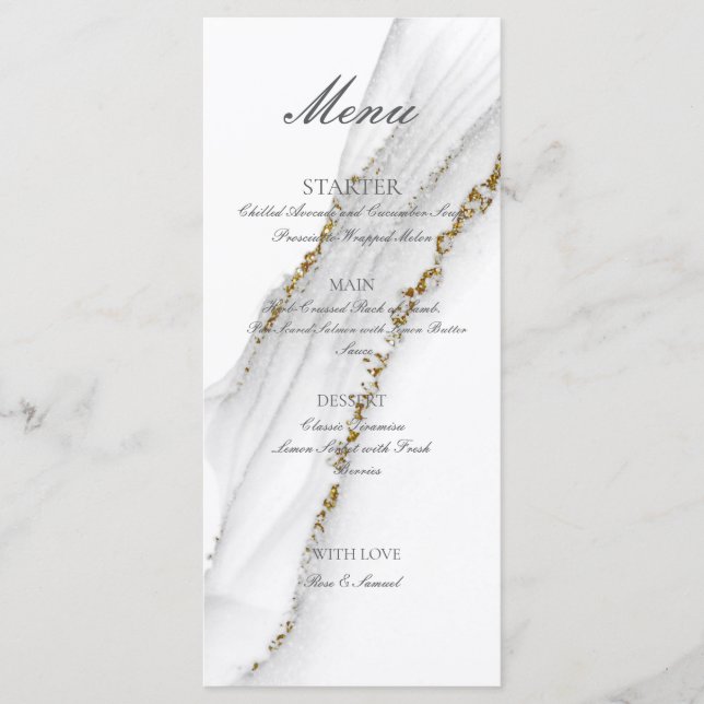 Menú plano blanco hecho a mano con tinta de alcoho (Anverso)