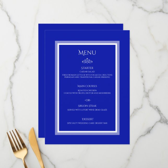 Menú plano boda de personalizable azul cobalto (Anverso/Reverso In Situ)