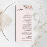 Menú plano Boda rosa floral de Rubor<br><div class="desc">El diseño de este menú de boda rosa rosa y color rosa, con una bonita moda clásica de tonos rosa pastel y azul marino, con una tipografía moderna y sencilla y una caligrafía elegante que le confieren un toque sofisticado a cualquier tipo de evento. Cada producto está adornado con hermosas...</div>