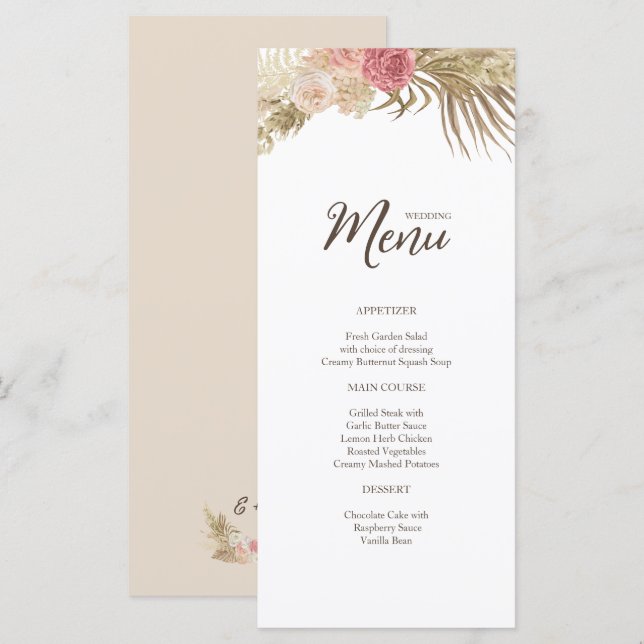 Menú plano Boho Floral Boda (Anverso / Reverso)