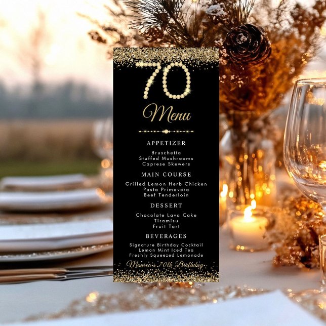 Menú Plano Cena de Cumpleaños 60 años Gold Diamond (Gold Diamonds 70th Birthday Dinner menu card)