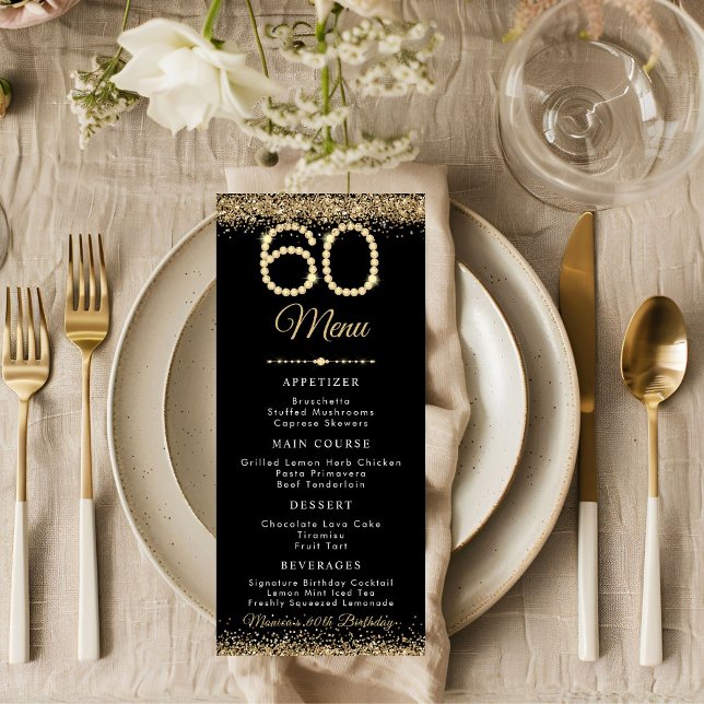 Menú Plano Cena de Cumpleaños 60 Diamantes de Oro (Gold Diamonds 60th Birthday Party menu card)
