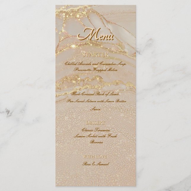 Menú Plano Chic Rosa Tinta Alcohol Brillante Oro (Anverso)