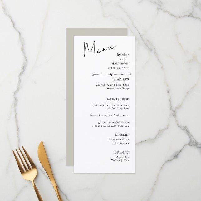 Menú plano con caligrafía moderna Minimalista, bod (Anverso/Reverso In Situ)