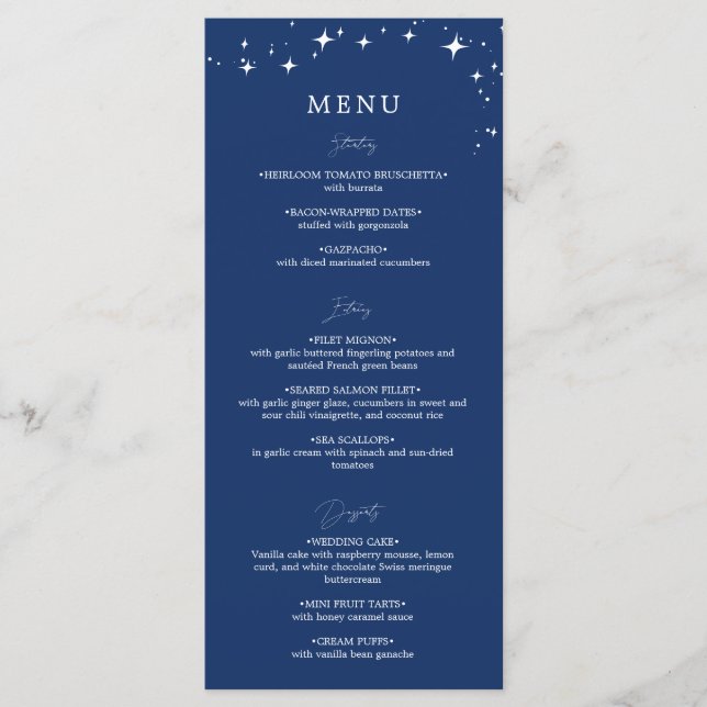Menú Plano de Boda Azul Marino Celestial Elegante (Anverso)