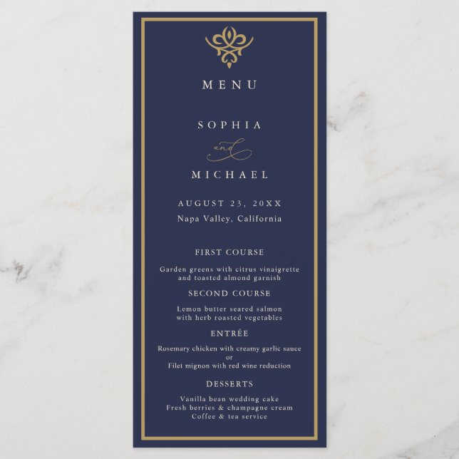 Menú Plano de Boda Azul Marino Old Money (Anverso)