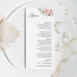 Menú plano de Boda blanco floral de Rubor<br><div class="desc">Este florido y florido boda blanco de diseño de menú fijo presenta bonitos antecedentes neutros de moda en blanco o negro, con una tipografía moderna sencilla y una caligrafía elegante para crear un tono sofisticado para cualquier tipo de evento. Cada producto está adornado con hermosas rosas rosas rosas y melocotones...</div>