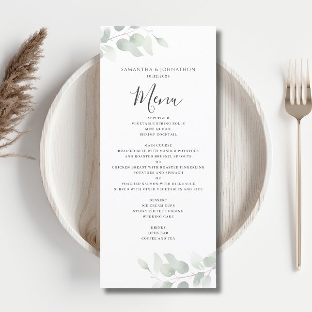 Menú Plano de Boda con Acuarela de Verde Eucalipto (Subido por el creador)