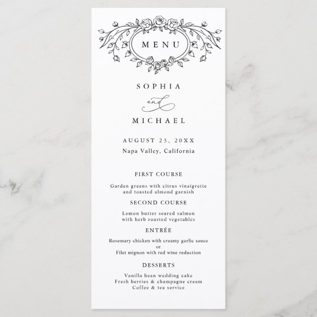Menú Plano de Boda con Arte de Línea Floral (Anverso)