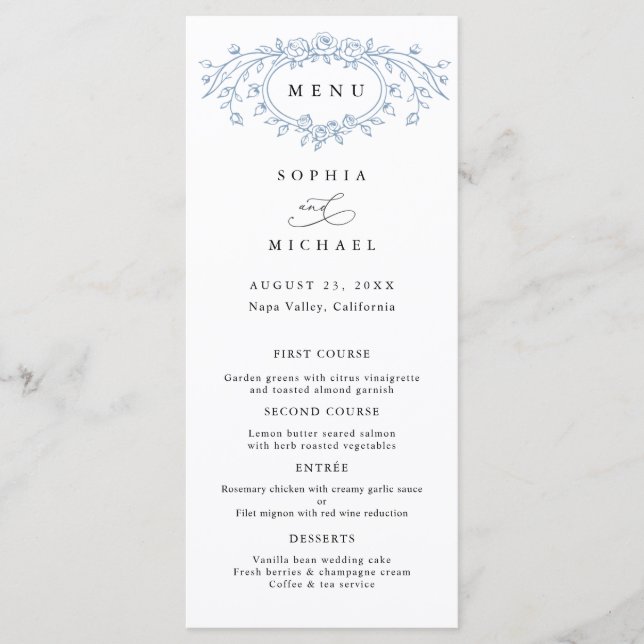 Menú Plano de Boda con Arte de Línea Floral Azul P (Anverso)