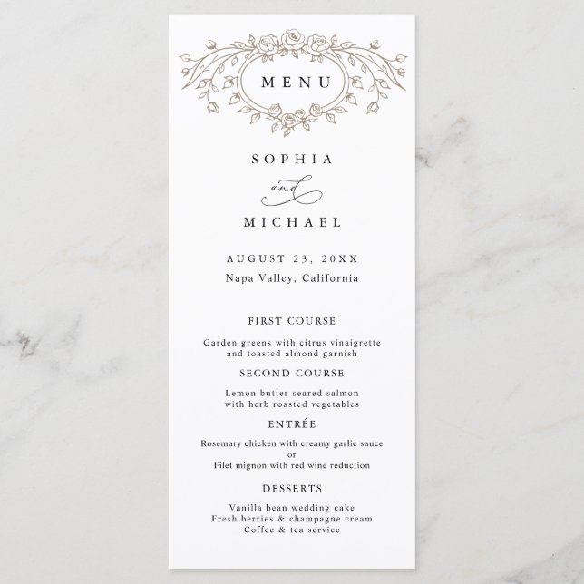 Menú Plano de Boda con Arte de Línea Floral Taupe (Anverso)