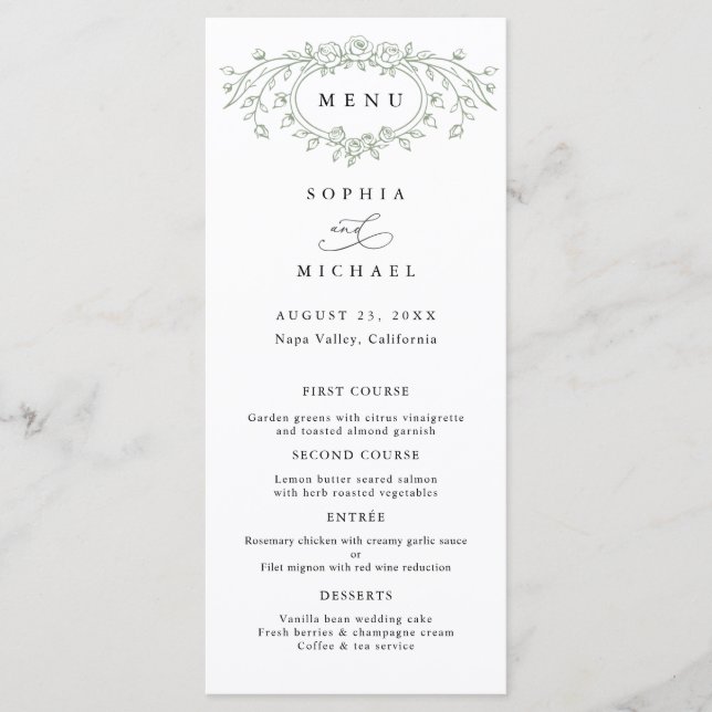 Menú Plano de Boda con Arte de Línea Floral Verde  (Anverso)