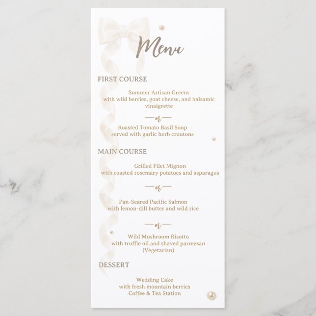 Menú Plano de Boda con Lazo de Satén Elegante (Anverso)