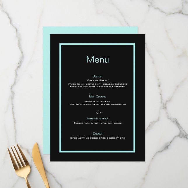 Menú plano de boda con letra simple negro y azul t (Anverso/Reverso In Situ)