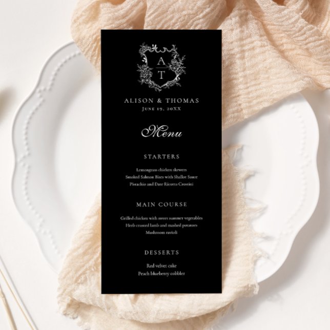 Menú plano de boda con monograma de cresta floral (Subido por el creador)