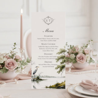 Menú plano de boda con monograma de país de inodor